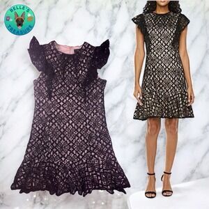 Maia Dress Womens 14 Black‎ Beige Lace Sequin Flutter Sleeve Hoco Formal Banquet
